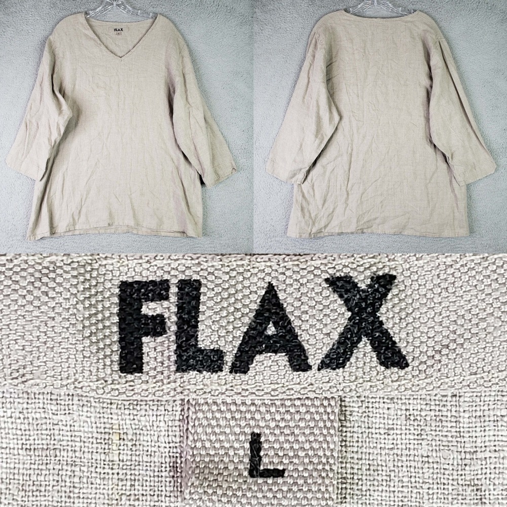 FLAX Linen Shirt Top Women Large Beige 3/4 Sleeve Lagenlook Coastal Grandma